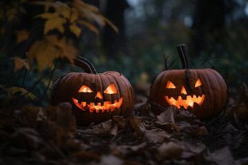 Anthropomorphic pumpkin face with spooky illumination for Halloween celebration.