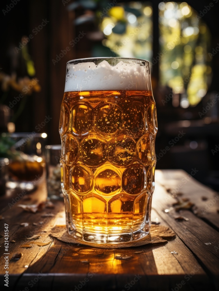 Poster Beer in a beer mug on a wooden table