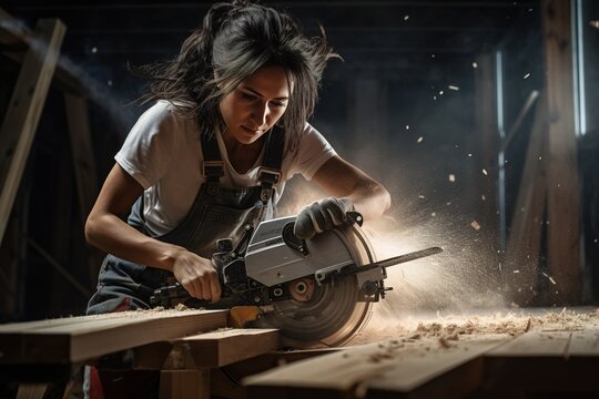 Female carpenter using some power tools for her work in a workshop 