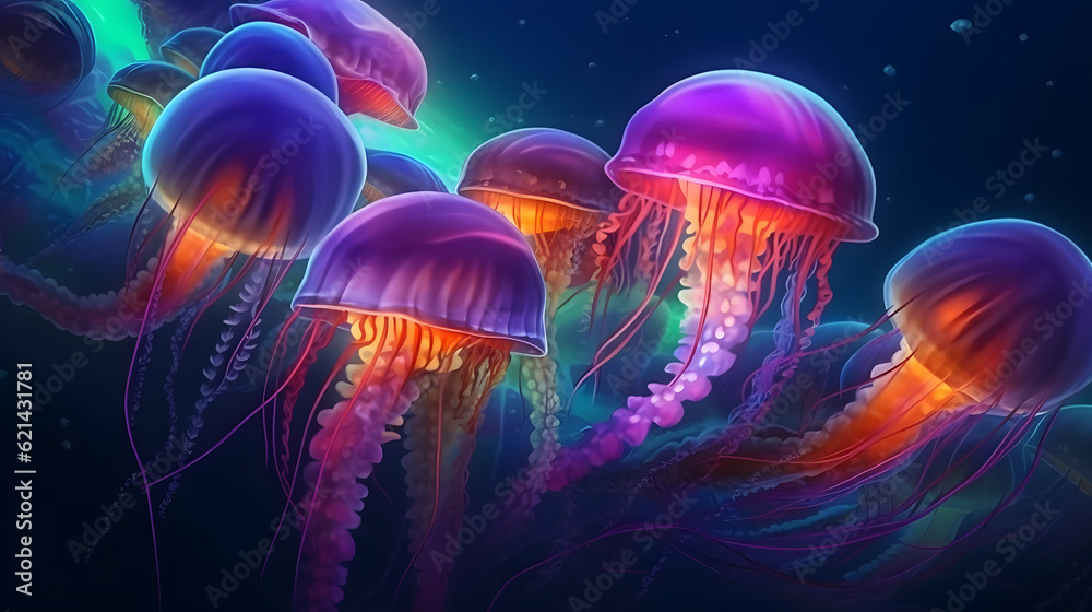 Wall mural glowing sea jellyfishes on dark background, neural network generated image