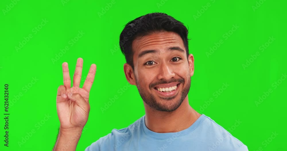 Poster Counting, review and face of an Asian man on a green screen with numbers, sign language or list. Laughing, countdown and portrait of a person with hand isolated on a studio background for a reminder