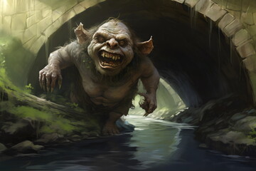 Fototapeta na wymiar angry troll under bridge illustration made with generative ai