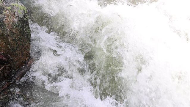 Green and white creek water rushes forcefully past rocks on the bank. Slow motion