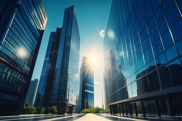 Fototapeta na wymiar skyscraper glass facades on a bright sunny day with sunbeams in the blue sky. created generative AI. 