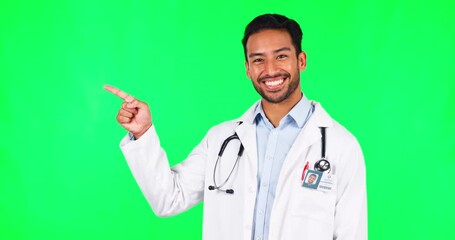 Advertising, doctor with hand gesture for plan and against a green screen for list. Marketing or presentation, announcement or list and male surgeon point for healthcare information with mockup space