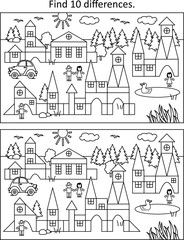 Difference game and coloring page activity with toy town scene
