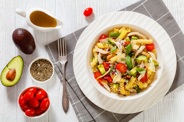 Chicken Pasta Salad with Avocado, Tomato in bowl