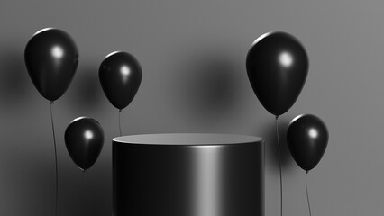 Black pedestal scene with balloon, luxury empty dark podium display, 3d rendering