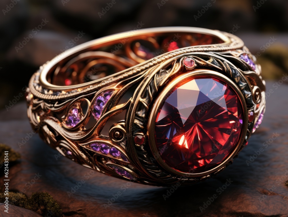 Sticker A fancy ring with a ruby encrusted on it. the loop of the ring is made by a metal dragon coiling on it, and breathing fire around the ruby. Cinematic lighting.