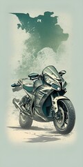 Ninja ZX-14R, t-shirt design, retro, vintage, rustic, distressed texture, faded colors, line art, beach living, engraving style, white background, no shadows.