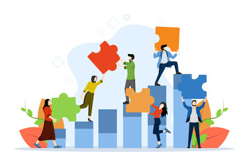 Business concept, Team metaphor, people connecting puzzle elements, Flat design style vector illustration, Symbol of teamwork, cooperation, partnership. flat vector illustration on a white background.