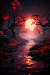 full red molten sun over ocean in high winter waves. AI generative