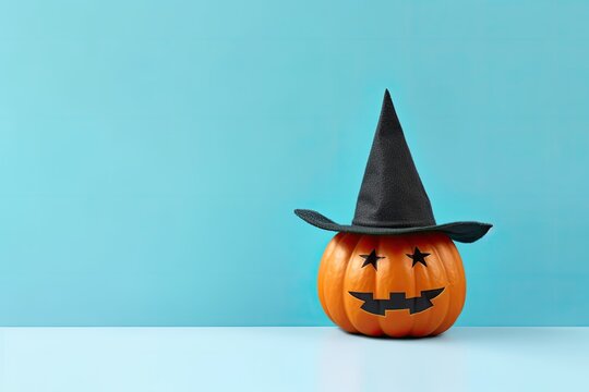 Halloween pumpkin with witch hat on white table and blue wall background