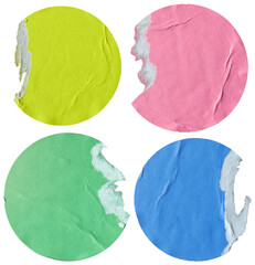 Round yellow, pink, green and blue paper stickers with torn edge