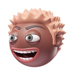 Emoji grinning face of funny black african american man. Cartoon smiley on transparent background. 3D render right view