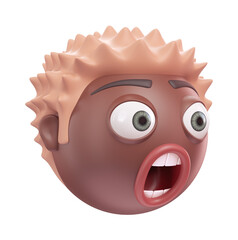 Emoji astonished face of funny black african american man. Cartoon smiley on transparent background. 3D render left view