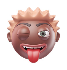 Emoji winking face with tongue of funny black african american man. Cartoon smiley on transparent background. 3D render front view