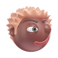 Emoji winking face of funny black african american man. Cartoon smiley on transparent background. 3D render left view