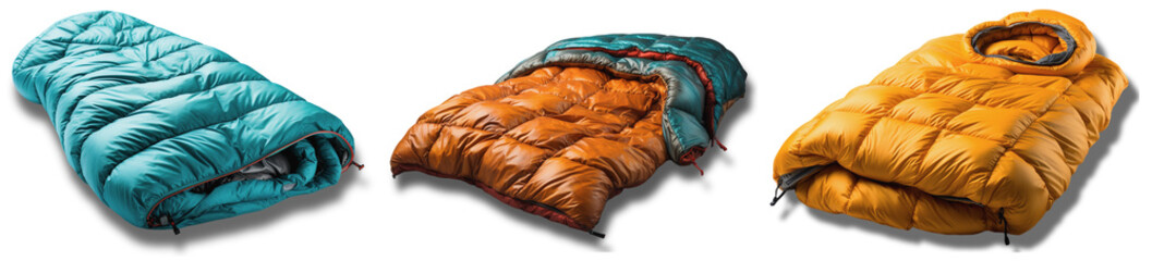 Three sleeping bags in different colors, on a transparent background, Generative AI