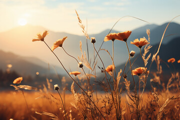 Minimalist landscape photography, meadow, sunrise. AI generative