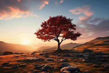 Minimalist landscape photography, meadow, sunrise. AI generative