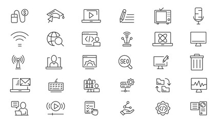 Internet computer line icon set. Website icon for contact icons. Computer, network, website, server, web design, hardware, software and more. Website set icon vector