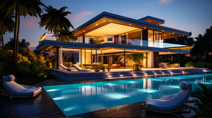 Tropical villa view with swimming pool and open living room at dusk - obrazy, fototapety, plakaty