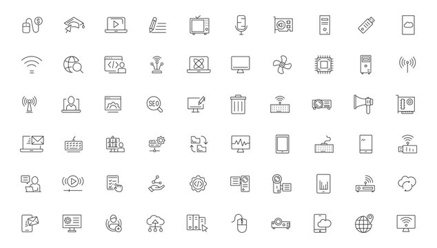 Internet computer line icon set. Website icon for contact icons. Computer, network, website, server, web design, hardware, software and more. Website set icon vector