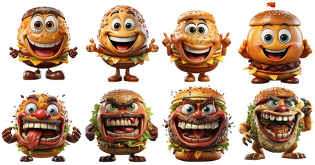 collection of happy, smiling and angry hamburgers figures, cartoon Character on a transparent background, Generative AI