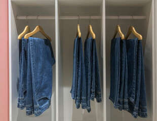 The wardrobe contains hangers for jean trousers which are still neat and tidy.