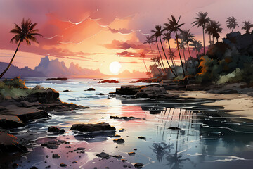 Serene watercolor landscape of Hawaii on a cloudy, overcast sunrise. AI generative