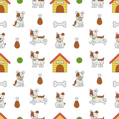 Cute repeat pattern with cartoon dogs and dog houses.