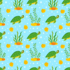 Obraz premium Seamless pattern with cute turtles underwater on blue background.