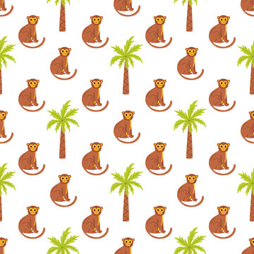 Seamless pattern with cute monkeys and palms.
