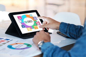 Hands, business and tablet screen for seo, networking and graphic of target audience research. Closeup worker, person or technology of search engine optimization, paper and planning digital marketing