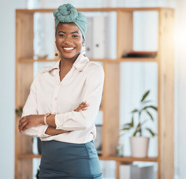 Happy, Arms Crossed And Business With Portrait Of Black Woman In Office For Lawyer, Advocate And Professional. Corporate, Pride And Legal With Person In Workplace For Attorney, Justice And Mindset