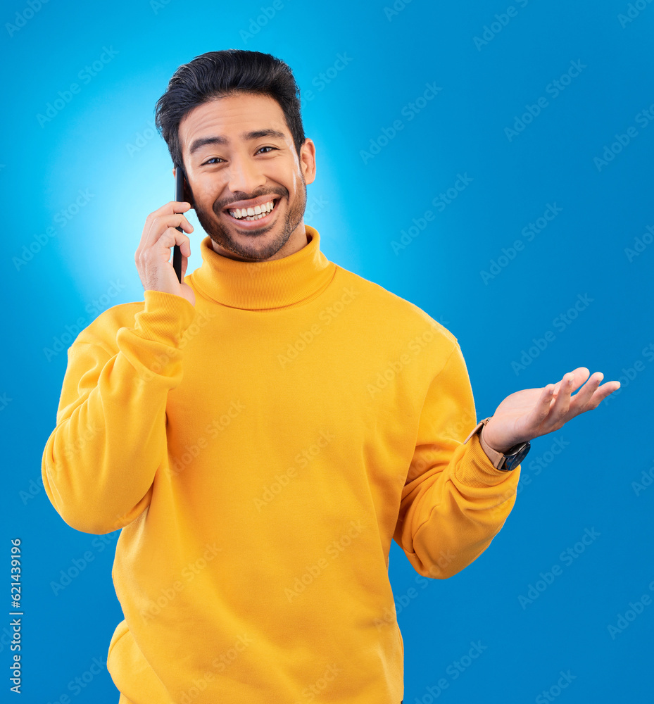 Poster Happy, conversation and portrait of an Asian man on a phone call for communication and networking. Smile, technology and a person speaking on a mobile isolated on a blue background in a studio