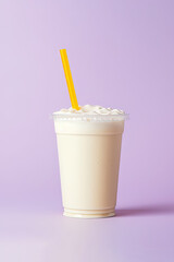 Vanilla milkshake in plastic takeaway cup isolated on pastel background