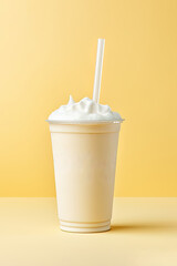 Vanilla milkshake in plastic takeaway cup isolated on pastel background