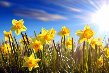 Obraz premium Yellow daffodils on a green meadow with blue sky, spring background