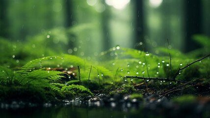 Obraz na płótnie Canvas Green rainy forest background