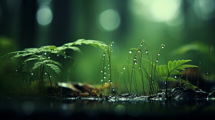Fototapeta na wymiar Green rainy forest background