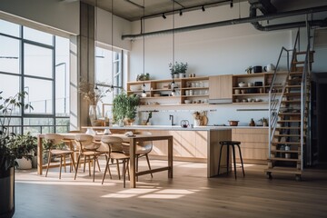 Fototapeta na wymiar Kitchen Interior inspired by Japanese and Scandinavian design