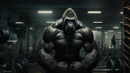 Naklejka na ściany i meble Gorilla as muscular fitness instructor in a gym.ai generated 