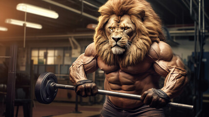 lion as muscular fitness instructor in a gym.ai generated
