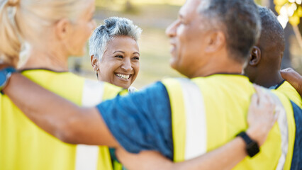 Volunteers, hug and support for meeting at park for charity with smile for community in outdoor....