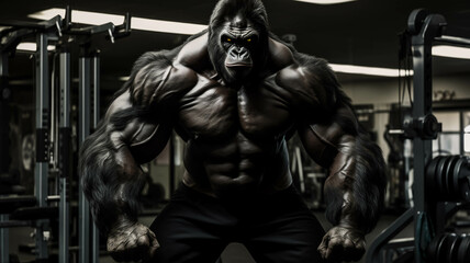 Naklejka na ściany i meble Gorilla as muscular fitness instructor in a gym.ai generated 