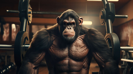 Fototapeta na wymiar Chimpanzee as muscular fitness instructor in a gym.ai generated 