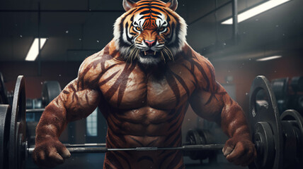 Fototapeta na wymiar Tiger as muscular fitness instructor in a gym.ai generated 