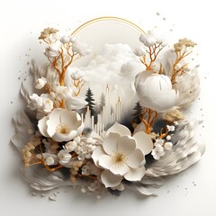 3d simple floral painting gray mural wallpaper white background. AI Generative	